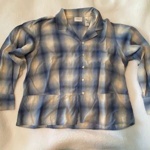 Blue and white button down blouse.